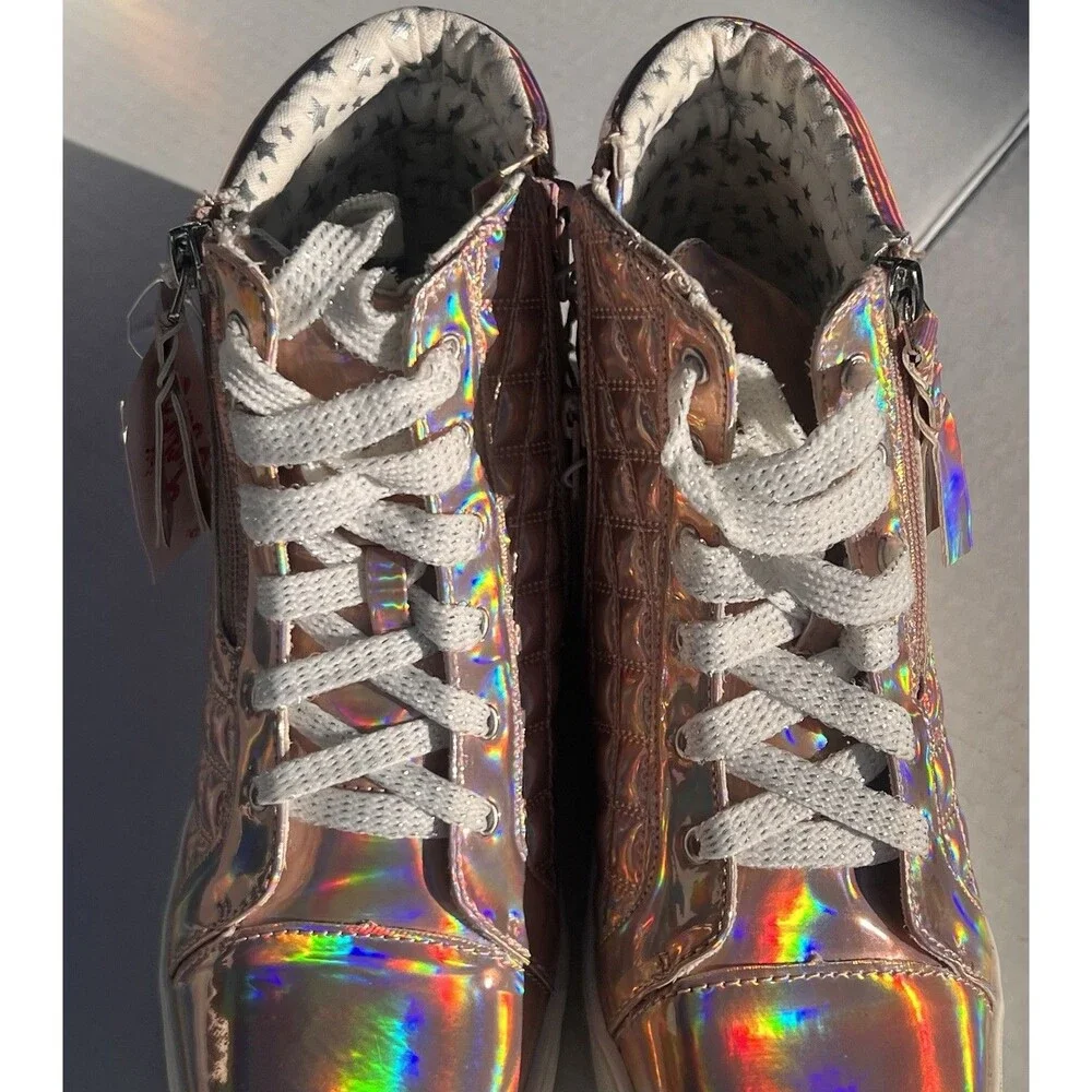 New Justice Rose Gold Holographic Quilted Wedge High Top Sneakers Girls Size 8